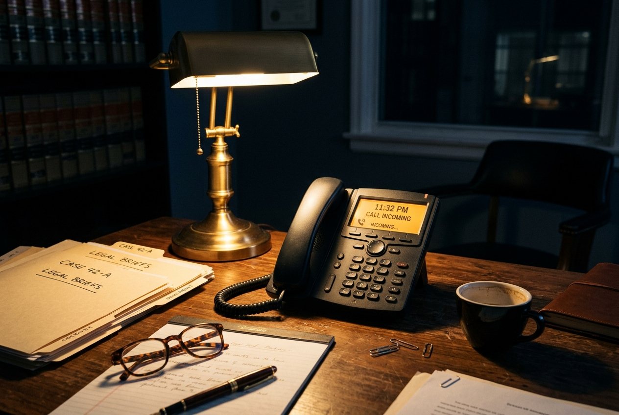 A lawyer's desk telephone ringing at night, unanswered in a dark office