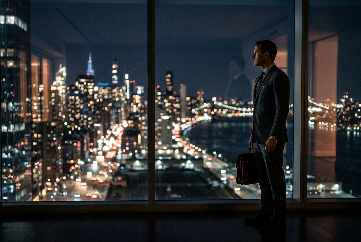 A defense attorney standing against a night city skyline