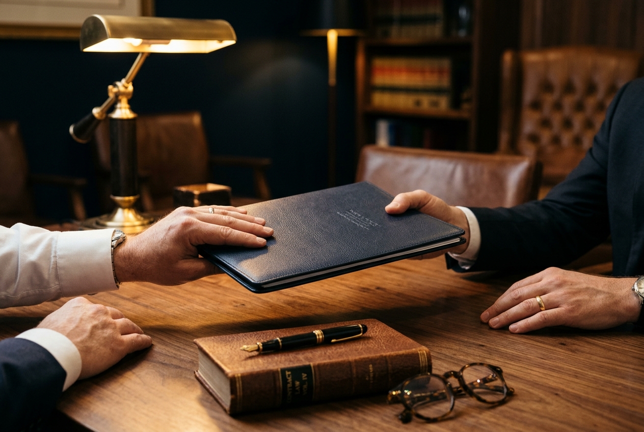 Hands passing an estate document across a walnut desk