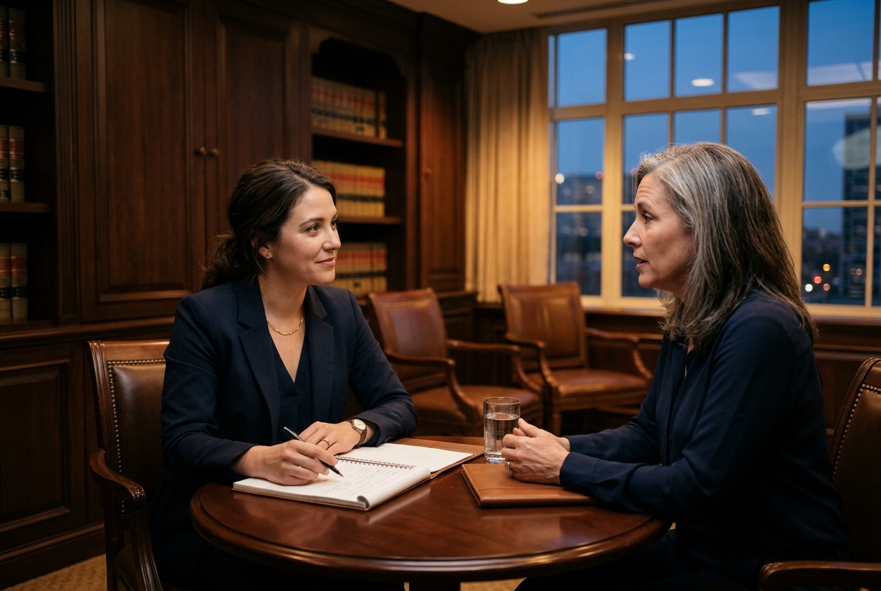 An attorney listening to a client in a quiet conference room