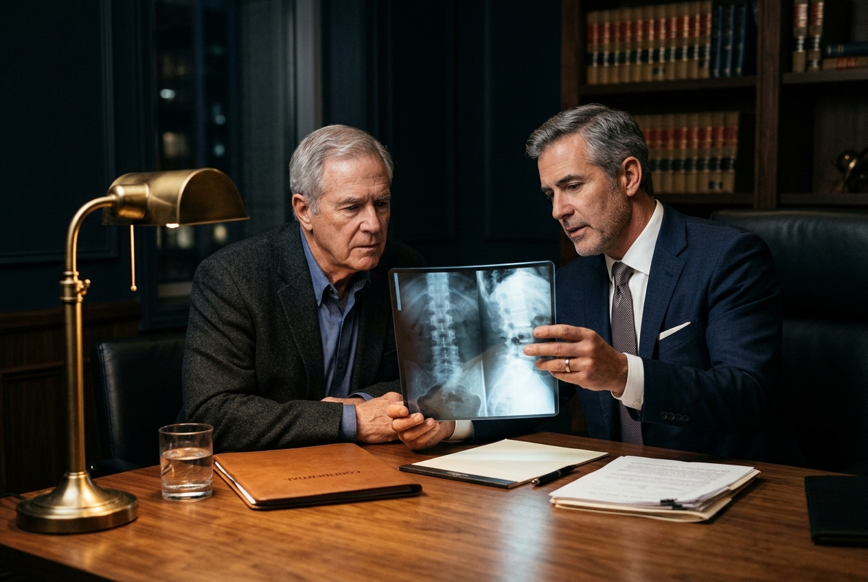 An attorney reviewing an X-ray with an injured client